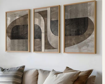 Set of 3 Modern Abstract Prints, Neutral Earth Tone Wall Art, Mid Century Wabi Sabi Prints, Minimalist Geometric Design Home Decor