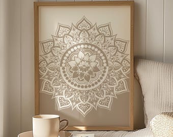 Neutral Mandala Wall Art Print – Beige Boho Decor, Minimalist Floral Mandala Poster, Scandinavian Zen Home Decor, Modern Printable Art