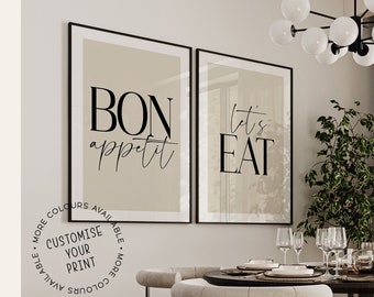 ¡Buen provecho! ¡Comamos! Juego de 2 láminas. Lámina para comedor, lámina para pared de cocina, decoración de pared para comedor, lámina artística para cocina, decoración beige.