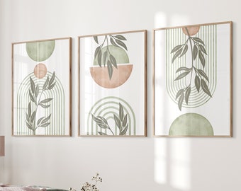 Set of 3 Sage Green Boho Wall Prints, Mid Century Modern Wall Art, Sage Green Mid Century Print, Botanical Art, Olive Green and Blush Pink