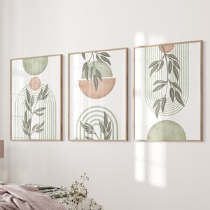 Set von 3 Salbei Grün Boho Wanddrucke, Mid Century Moderne Wandkunst, Salbei Grün Mid Century Druck, Botanische Kunst, Olivgrün und Blush Rosa