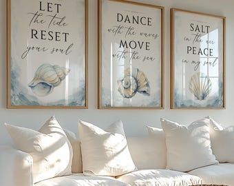 Seashell & Ocean Wall Art Set of 3, Coastal Prints, Beach House Décor, Neutral Beach Posters