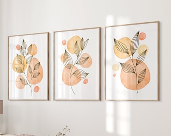 Set van 3 blushroze en beige muurafdrukken, moderne muurkunst uit het midden van de eeuw Set van 3, botanische muurkunst, blushroze muurkunst, abstracte prints