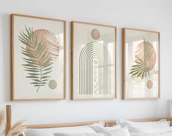 Set of 3 Palm Leaf Art Prints, Mid Century Modern Wall Art, Boho Wall Art Set of 3, Botanical Art, Sage Green and Blush Pink Art Prints