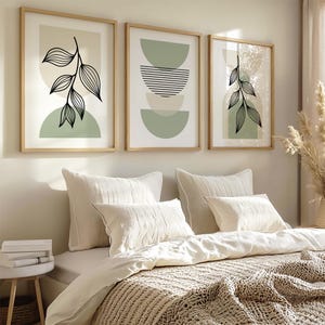 Conjunto de 3 pôsteres boho em tons de verde sálvia e bege, conjunto neutro de 3 pôsteres, arte de parede moderna de meados do século XX, pôster verde sálvia de meados do século XX