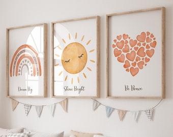 Boho Nursery Wall Art Prints: Rainbow, Sun, Heart - Set of 3