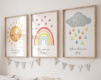 Rainbow Nursery Print Set: Boho Sunshine Decor, Gender Neutral (Set of 3)