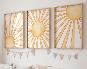 Gedruckte aufgehende Sonne Kinderzimmer Wand Kunst, 3er-Set Drucke, Boho Sonnenschein Kinderzimmer Druck, untergehende Sonne Wandkunst, Gender Neutral Kinder Wandkunst
