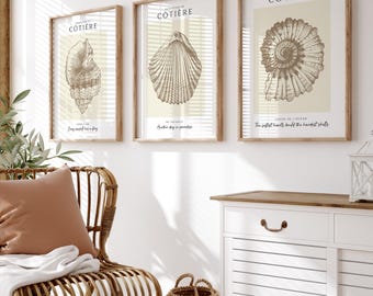 Set of 3 Neutral Seashell Prints - Vintage Coastal Seashells, Beige Beach House Decor