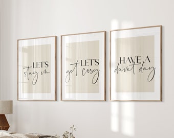 Lets Stay in Lets Get Cosy Have a Duvet Day - Beige Bedroom Prints Set: Cosy Duvet Day Wall Art, Set of 3 Bedroom Wall Art Prints
