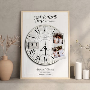Impressão personalizada do relógio de aniversário, neste momento o tempo parou, presentes personalizados de aniversário de casamento para ele