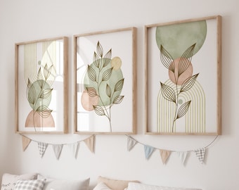 Set of 3 Sage Green Boho Wall Prints, Mid Century Modern Wall Art, Sage Green Mid Century Print, Botanical Art, Olive Green and Blush Pink