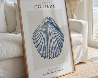 Coastal Blue Seashell Print - Cream and Blue Beach House Poster, Beige Coastal Shell Print
