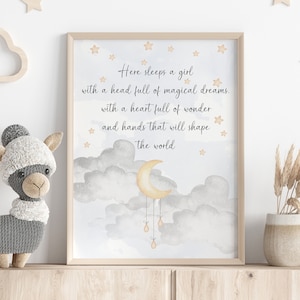 Aqui dorme uma menina, aqui dorme um menino, citação de arte de parede em aquarela, impressão de citação de berçário, decoração de berçário de menina, estampas de berçário de menino