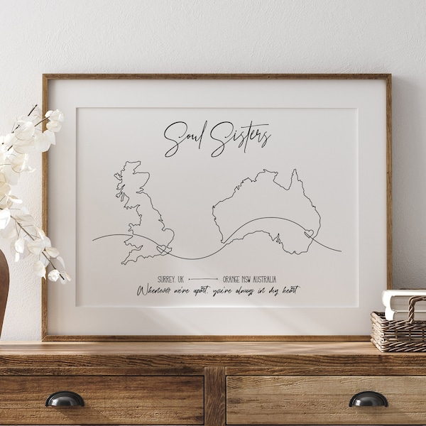 Long Distance Relationship Gifts, Personalised Map Art Print, Long Distance Friendship, Two Location Map, Anniversary Gift For Him, Love Map