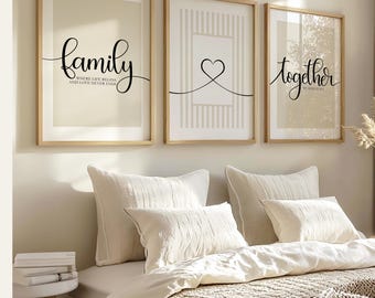 Set of 3 Family Quote Prints - Where Life Begins and Love Never Ends, Typography Line Art
