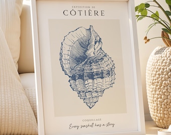 Blue Seashell Print, Neutral and Blue Seashell Poster, Nautical Art Print, Blue and Beige Coastal Print, Modern Wall Art, Seaside Art Print