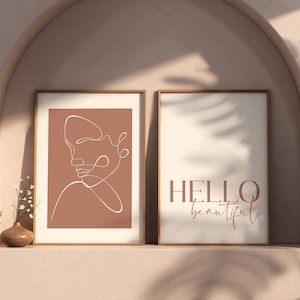 Set of 2 Hello Beautiful Art Prints, Bedroom Wall Art, Dressing Room Prints, Beauty Salon Prints, Girls Bedroom Prints, Line Drawing Art