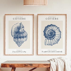 2er-Set Vintage Muscheln als Kunstdruck, Muschelzitat-Druck, Ozean-Themen-Wanddruck, moderne Wandkunst, blaue und beige Muscheln Poster