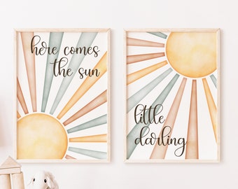 Láminas para habitación infantil con diseño de sol: decoración bohemia en tonos pastel, «Aquí viene el sol»