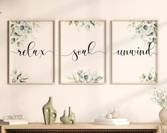 Set of 3 Bathroom Prints, Relax Soak Unwind Bathroom Prints, Bathroom Quote Set of 3, Eucalyptus Bathroom Print, Greenery Prints