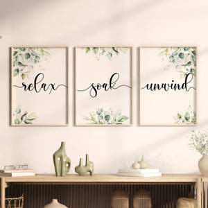 Set of 3 Bathroom Prints, Relax Soak Unwind Bathroom Prints, Bathroom Quote Set of 3, Eucalyptus Bathroom Print, Greenery Prints