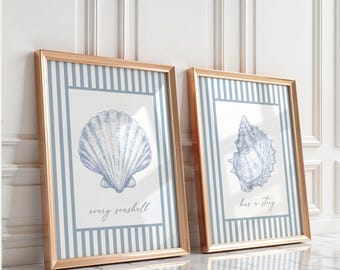 Set of 2 Blue Coastal Seashell Prints - Every Seashell Has a Story Quote Prints