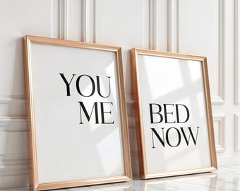 You Me Bed Now Wall Art Set of 2, Romantic Bedroom Prints, Minimalist Black and White Typography, Couples Bedroom Decor, Wedding Gift