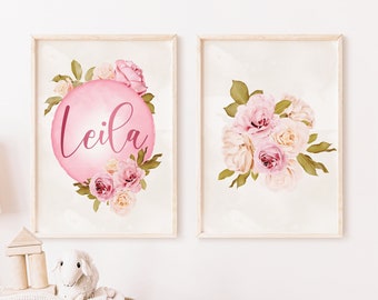 Ensemble de 2 impressions de pépinière de filles roses, impression de nom personnalisée, impression d’art mural rose blush, art mural floral, image de pépinière de roses, chambre de bébé fille