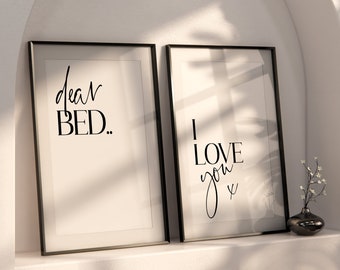 Set of 2 Bedroom Wall Art Prints, Dear Bed I Love You, Bedroom Wall Decor, New Home Gift, House Warming Gift, Home Wall Art Prints