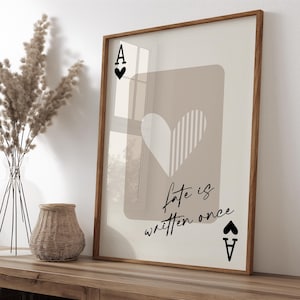 Harten aas speelkaart print, speelkaart kunst aan de muur print, het lot is een keer geschreven citaat, retro speelkaart print, trendy kunst aan de muur