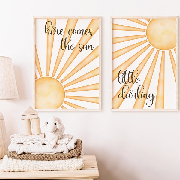 Here Comes the Sun, Set of 2 Nursery Wall Art Prints, Nursery Decor, Boho Nursery Print, Girl Nursery Art, Boy Baby Shower Gift Idea