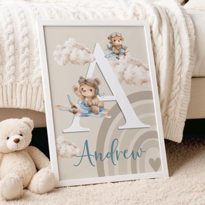 Impresión inicial de nombre de niño personalizada, impresión inicial de nombre de bebé, arte de pared de guardería beige, impresiones de guardería de niño, impresión de nombre personalizado para niño