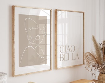 Set of 2 Ciao Bella Art Prints, Bedroom Wall Art, Dressing Room Prints, Beauty Salon Prints, Girls Bedroom Prints, Line Drawing Art