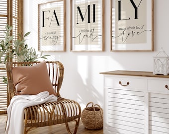 Set of 3 FAMILY Wall Art, Family Print for Living Room, A Little Bit of Crazy Quote, Neutral Wall Art, Neutral Home Decor, Family Quote Sign