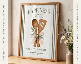 Happiness is Home Made - Farmhouse Kitchen Print, Baking Wall Art, Beige and Sage Green Art