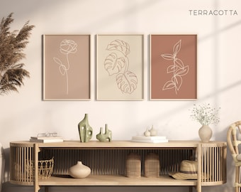 Set of 3 Botanical Wall Art, Living Room Wall Art, Floral Line Art, Plant Art Prints, Natural Wall Prints, Mid Century Modern Wall Art