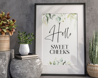 Impressão "Olá, Bochechas Doces": Arte de parede para banheiro com eucalipto, decoração de banheiro, quadro com folhagens para banheiro, frases e citações para banheiro.