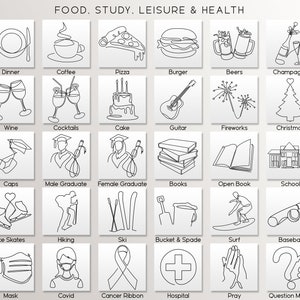 May include: A black and white line drawing illustration of 24 different icons representing various activities, food, and objects. The icons include dinner, coffee, pizza, burger, beers, champagne, wine, cocktails, cake, guitar, fireworks, Christmas, caps, male graduate, female graduate, books, open book, school, ice skates, hiking, ski, bucket and spade, surf, baseball, mask, covid, cancer ribbon, hospital, pray, and question marks.