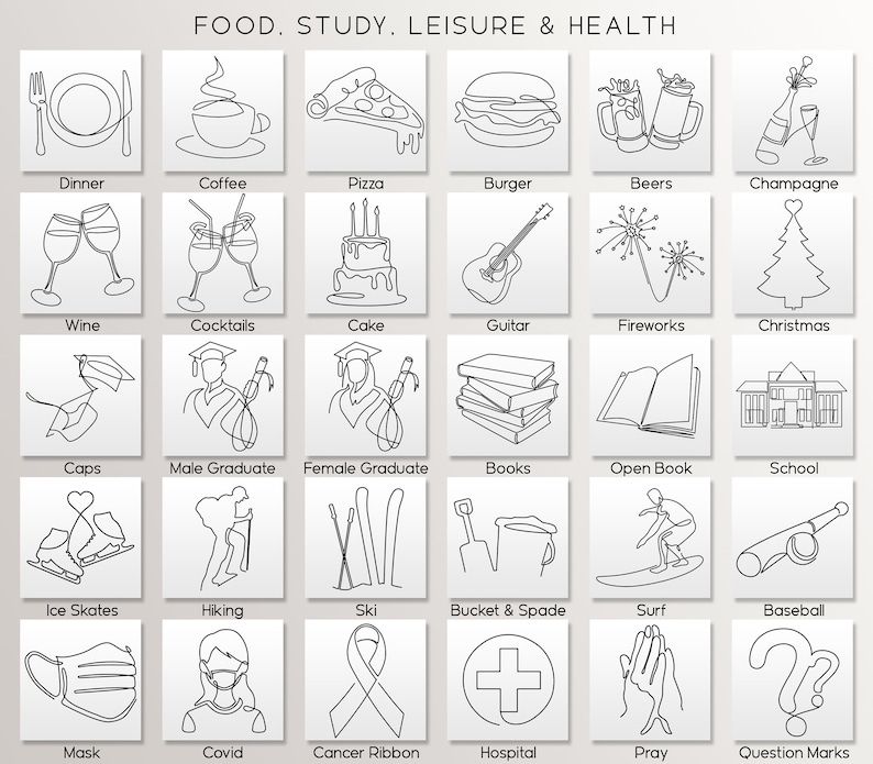 May include: A black and white line drawing illustration of 24 different icons representing various activities, food, and objects. The icons include dinner, coffee, pizza, burger, beers, champagne, wine, cocktails, cake, guitar, fireworks, Christmas, caps, male graduate, female graduate, books, open book, school, ice skates, hiking, ski, bucket and spade, surf, baseball, mask, covid, cancer ribbon, hospital, pray, and question marks.