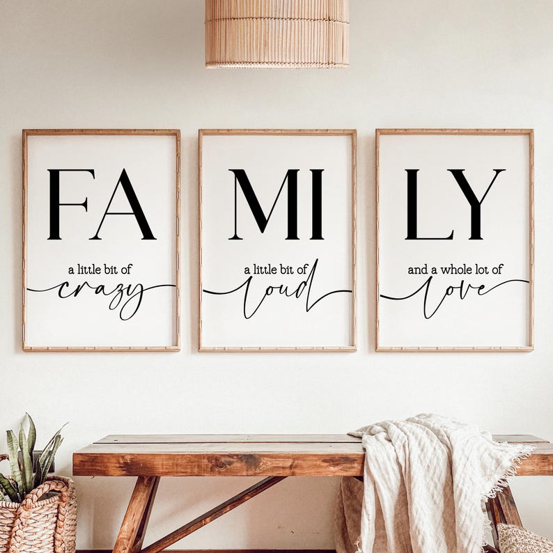 Set of 3 FAMILY Wall Art, Family Print for Living Room, A Little Bit of Crazy Quote, Neutral Wall Art, Neutral Home Decor, Family Quote Sign White