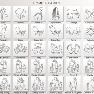 May include: Black and white line drawings of various family-related icons, including keys, houses, babies, families, and adoption symbols. The icons are arranged in a grid with the title "HOME & FAMILY" at the top.