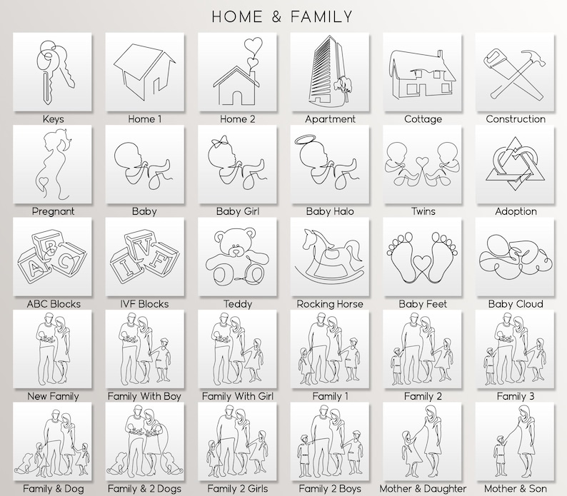 May include: Black and white line drawings of various family-related icons, including keys, houses, babies, families, and adoption symbols. The icons are arranged in a grid with the title "HOME & FAMILY" at the top.