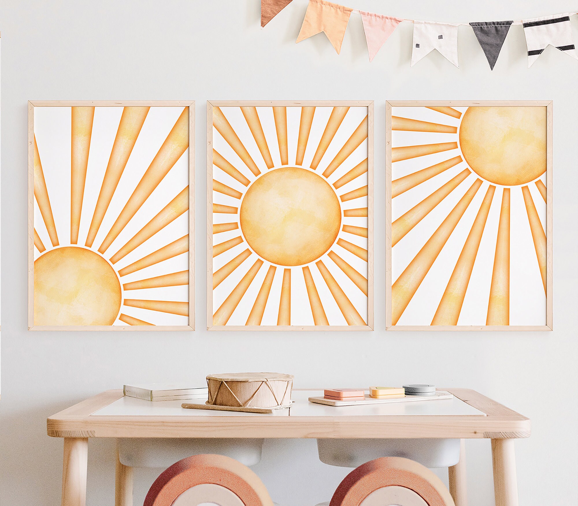 Printed Rising Sun Nursery Wall Art Print, Set of 3 Prints, Boho ...