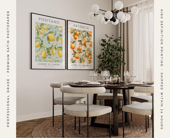 Set of 2 Kitchen Prints, Positano Lemon Print, Valencia Orange Print, Fruit Market Print, Kitchen Wall Art, Kitchen Poster Set of 2