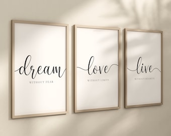 Set of 3 Prints, Dream Without Fear, Love Without Limits, Live Without Regrets, Motivational Quotes And Phrases, Home Decor Wall Art