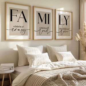 May include: Three framed prints spelling "FAMILY". Each print has a beige background with black text. The first reads "FA" and "a little bit of crazy". The second reads "MI" and "a little bit of loud". The third reads "LY" and "and a whole lot of love".