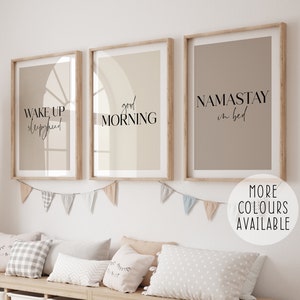 Set of 3 Beige Bedroom Prints, Wake Up Sleepyhead, Good Morning, Namastay In Bed, Bedtime Quotes And Phrases, Home Decor Wall Art, Neutral