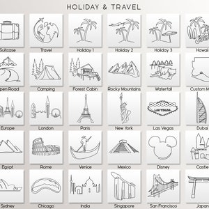 May include: A black and white line drawing illustration of travel icons. The icons include a suitcase, globe, palm trees, mountains, waterfall, a custom map, Europe, London, Paris, New York, Las Vegas, Dubai, Egypt, Rome, Venice, Mexico, Disney, a castle, Sydney, Chicago, India, Singapore, San Francisco, and Japan.
