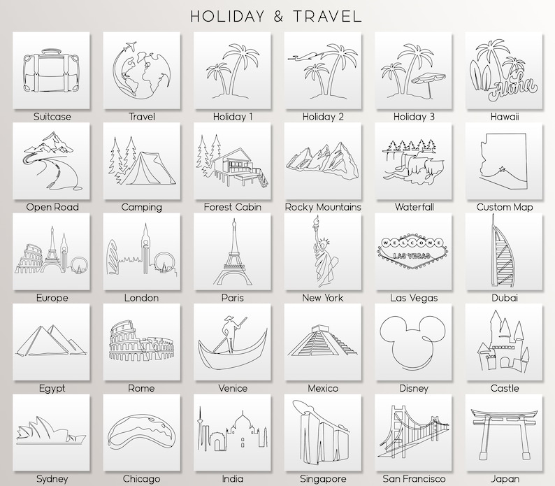 May include: A black and white line drawing illustration of travel icons. The icons include a suitcase, globe, palm trees, mountains, waterfall, a custom map, Europe, London, Paris, New York, Las Vegas, Dubai, Egypt, Rome, Venice, Mexico, Disney, a castle, Sydney, Chicago, India, Singapore, San Francisco, and Japan.